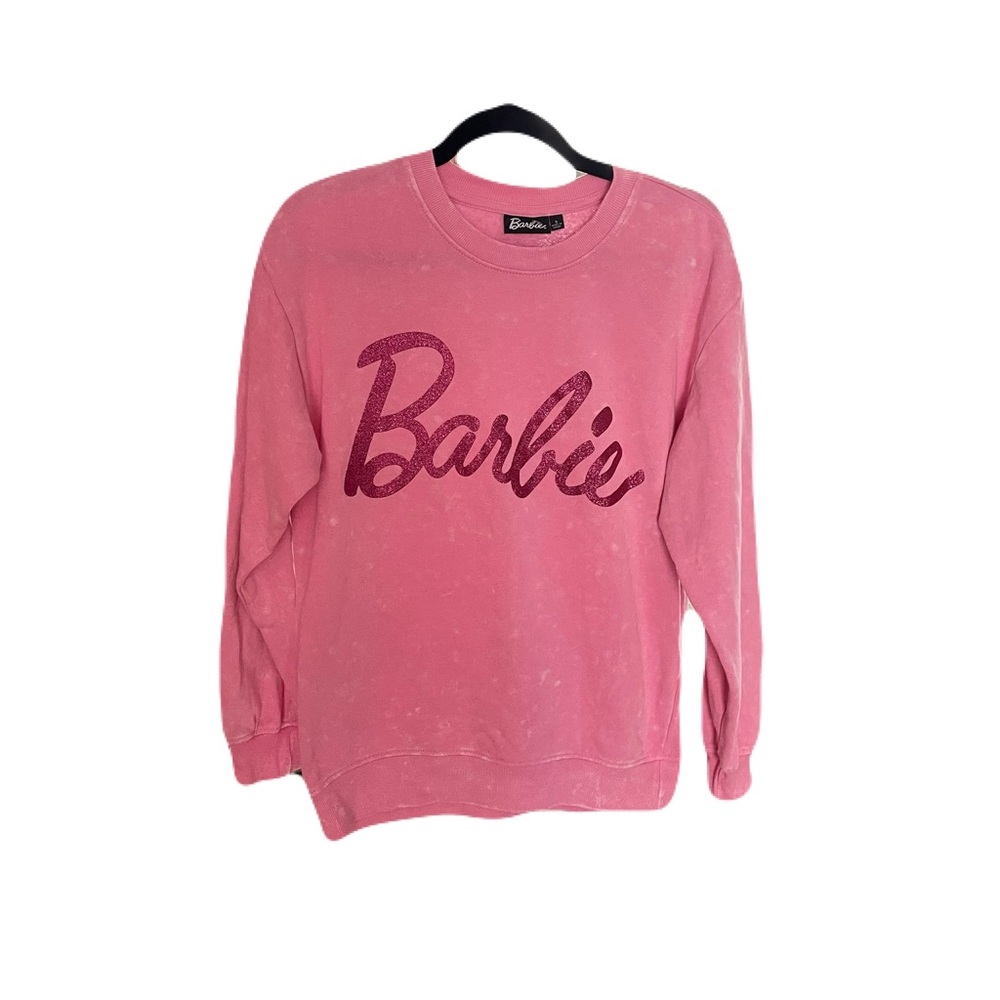 Barbie Pink Wash Sweatshirt Cozy Sweatshirt Pullover Glitter Logo Small